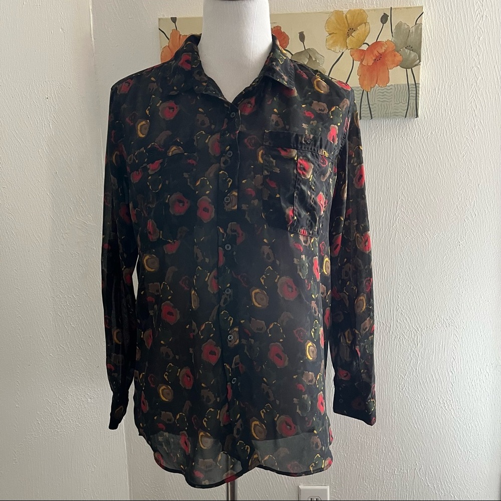 Staring at Stars Black/multicolor Floral Long Sleeve Button Down Blouse Sz S
